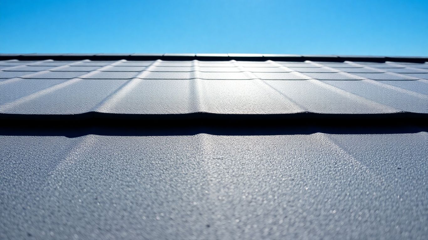 Modern roof material reflecting sunlight against a blue sky.