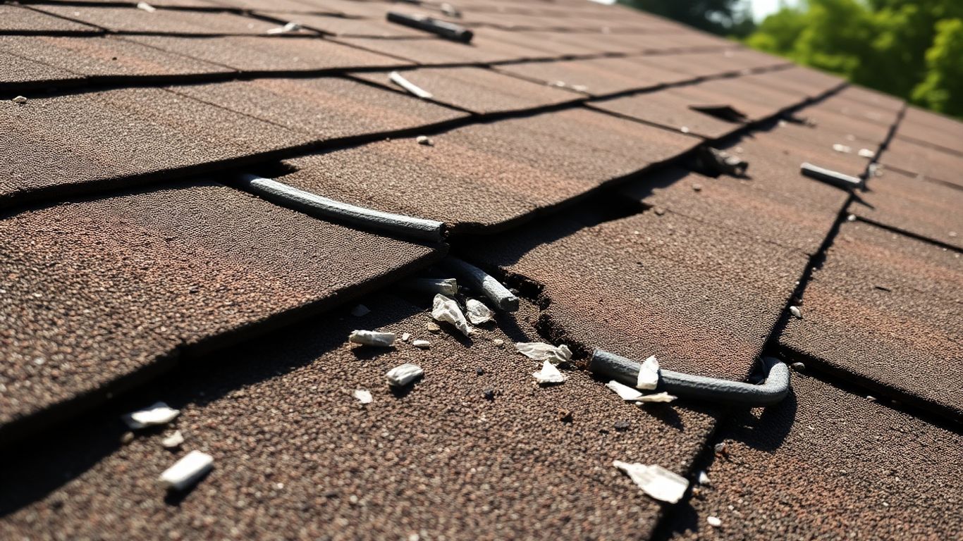 Damaged roof with missing shingles and scattered debris.