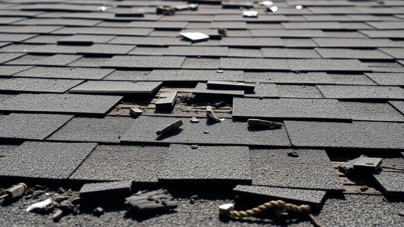 Damaged roof with missing shingles and scattered debris.