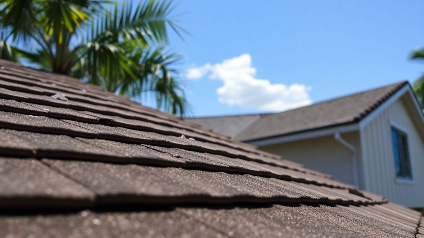 Damaged residential roof in sunny Kissimmee, Florida.