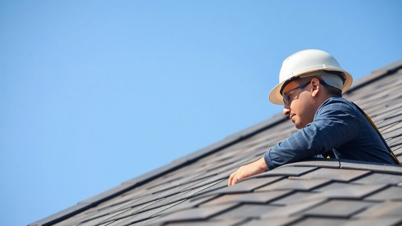 Roofer inspecting a shingled roof on a sunny day.