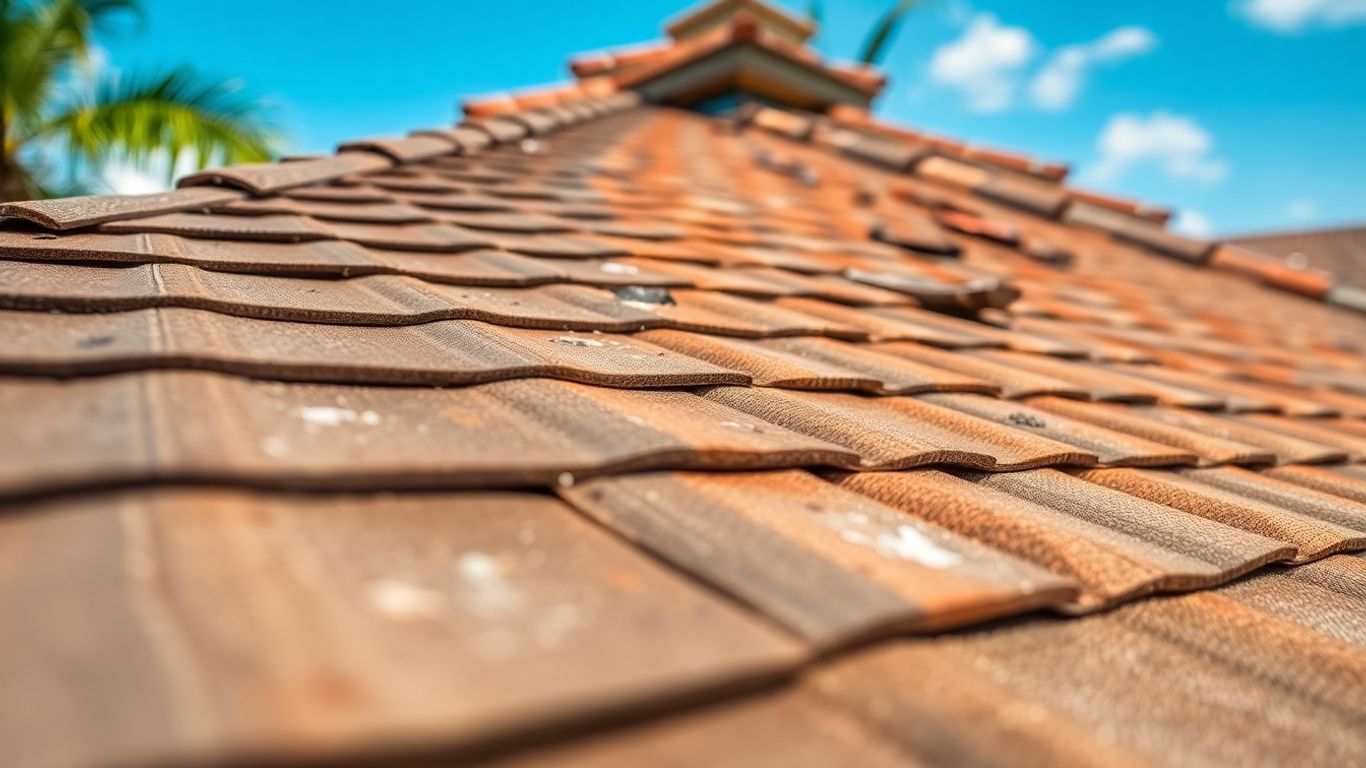Damaged residential roof in sunny Kissimmee, Florida.