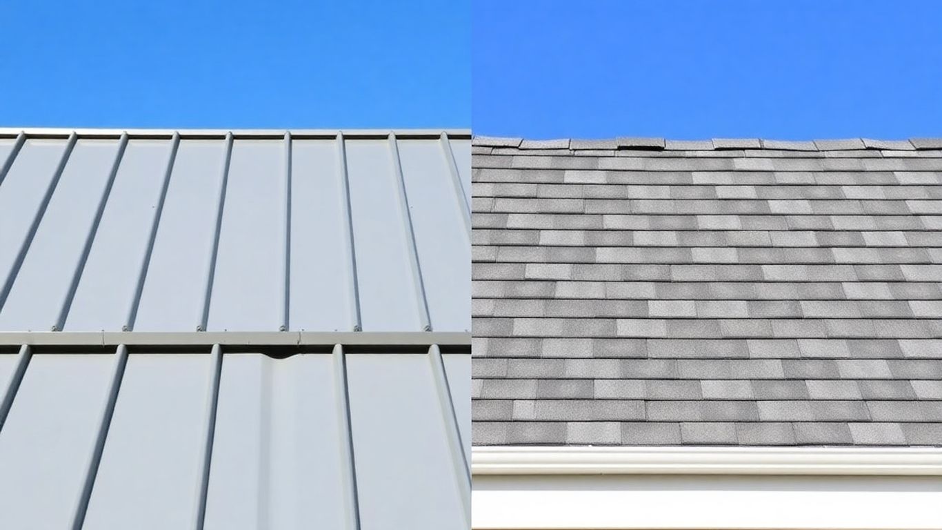 Metal and shingle roofs side-by-side under a blue sky.