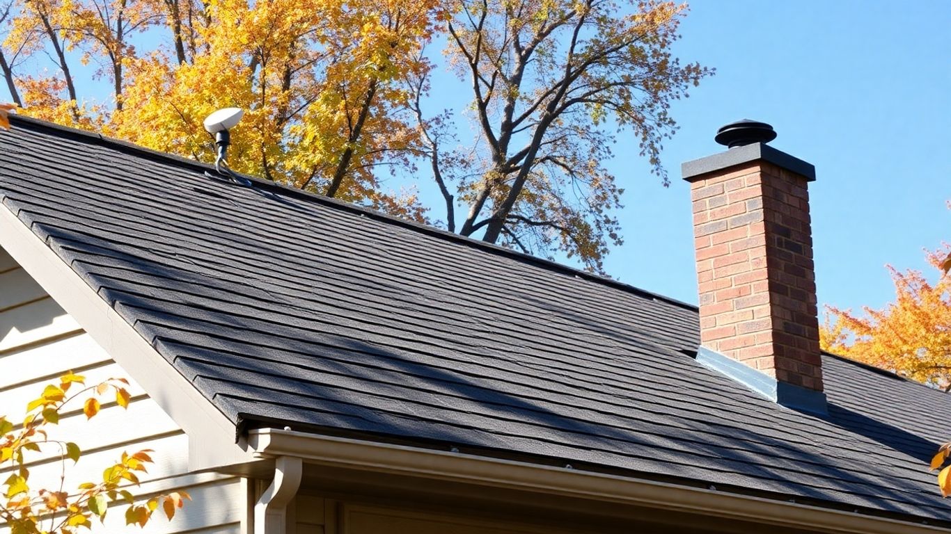 Residential rooftop with clear shingles and gutters on a sunny day.