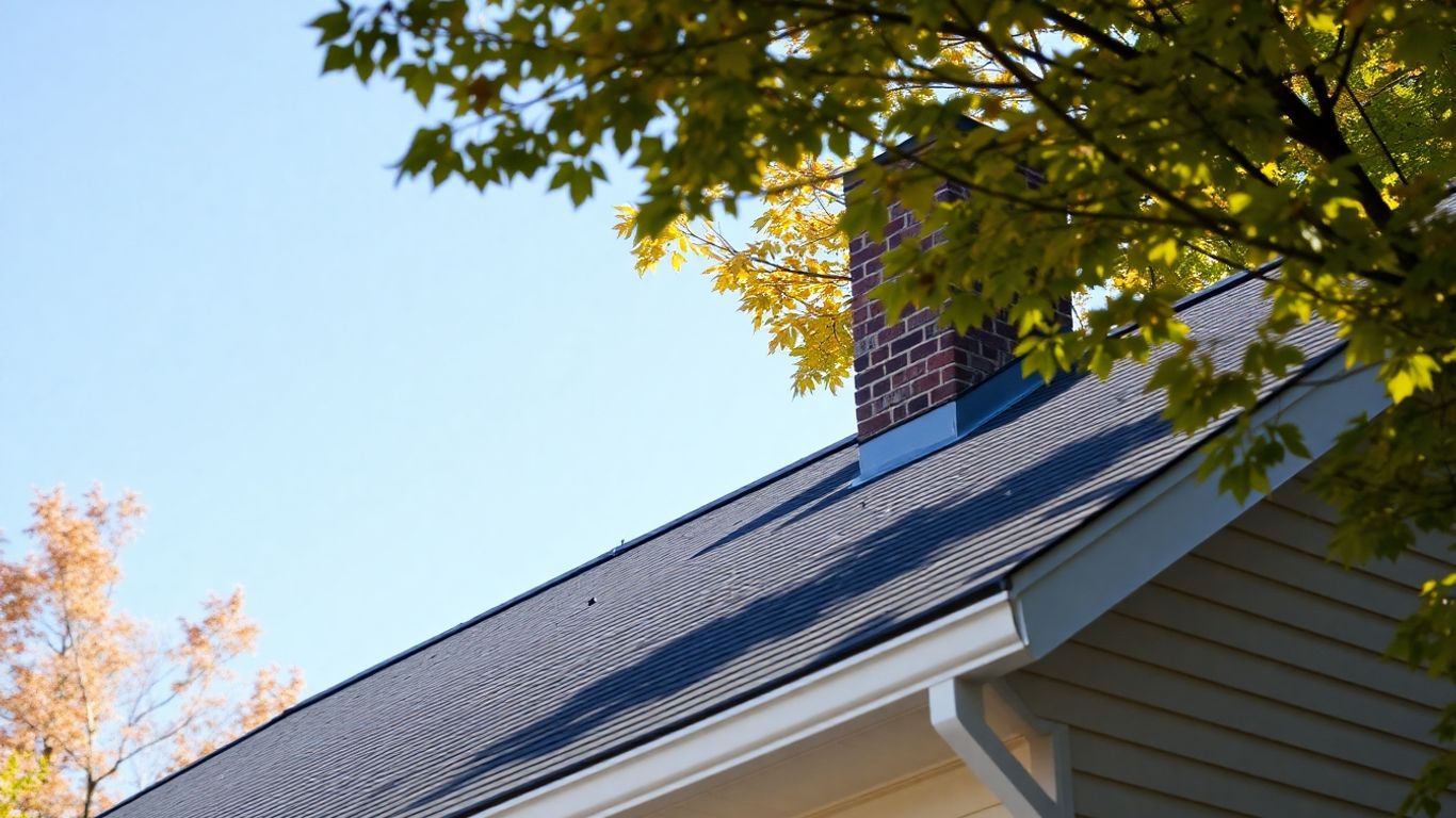 Residential rooftop with clear shingles and gutters on a sunny day.