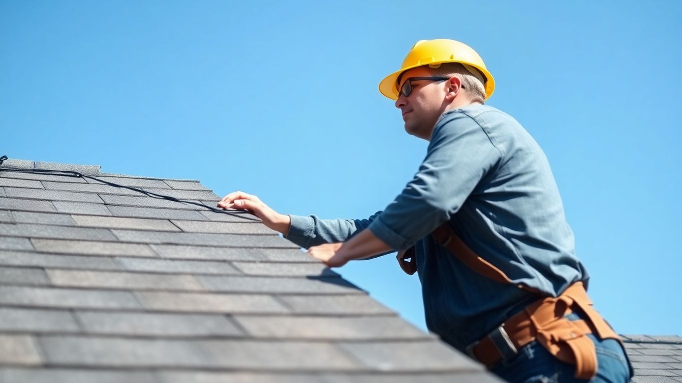 Roofer inspecting a shingled roof on a sunny day.