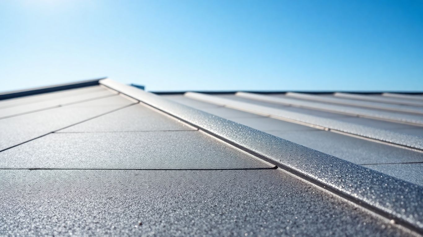 Modern roof material reflecting sunlight against a blue sky.