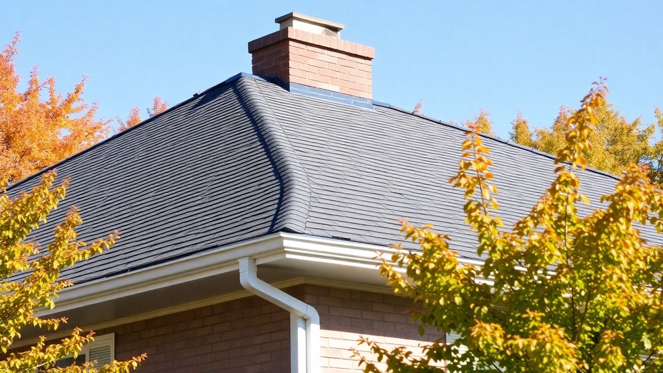Residential rooftop with clear shingles and gutters on a sunny day.