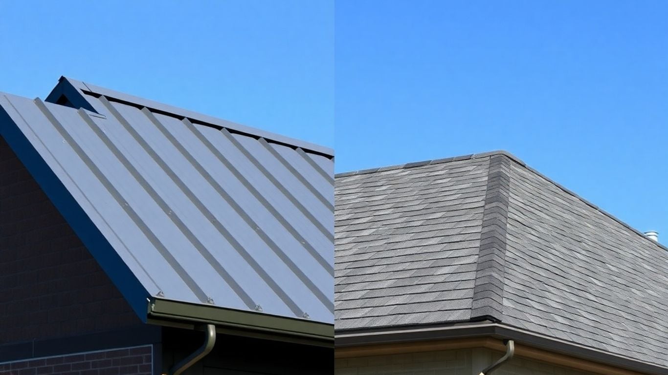 Metal and shingle roofs side-by-side under a blue sky.