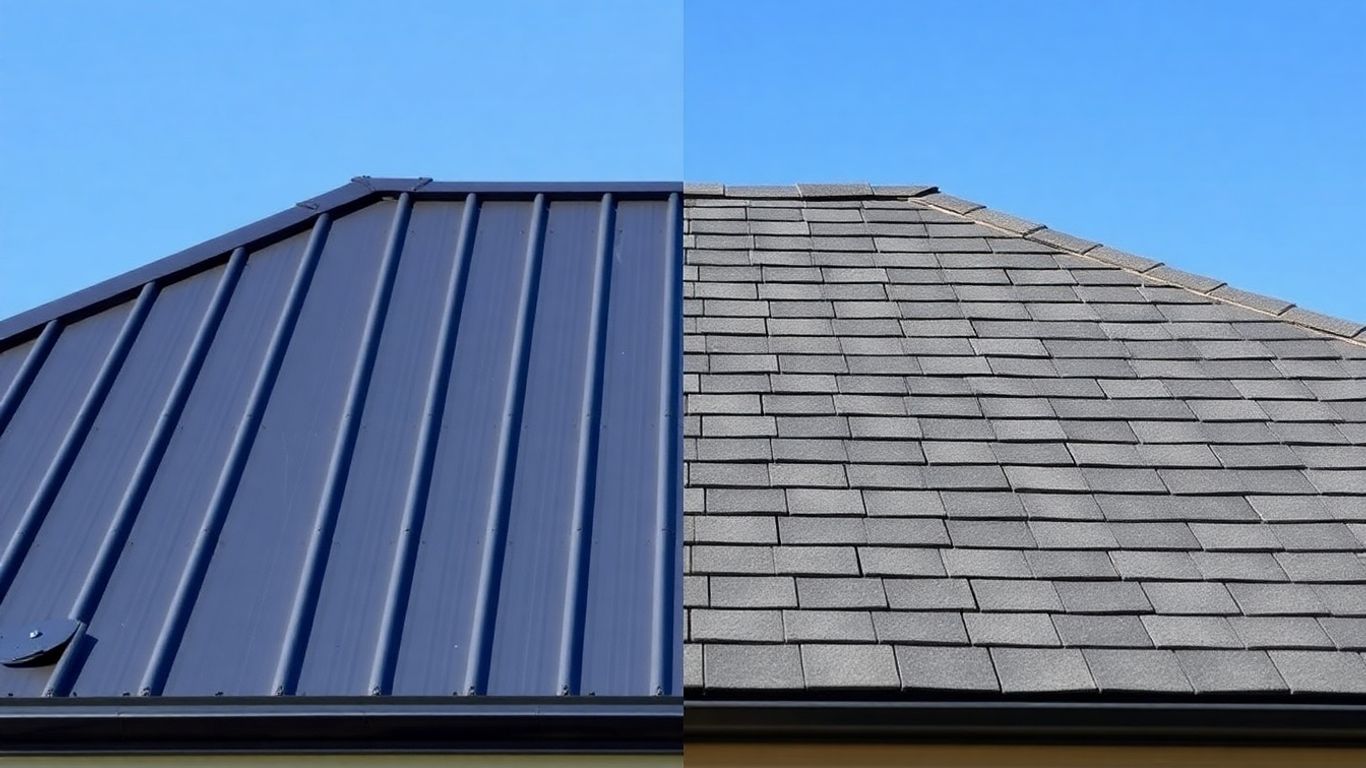Metal and shingle roofs side-by-side under a blue sky.