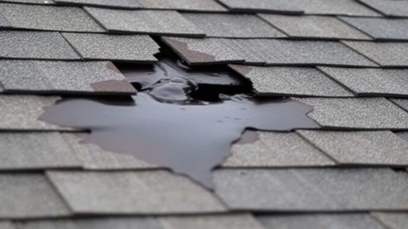 Roof leak with water dripping onto shingles.