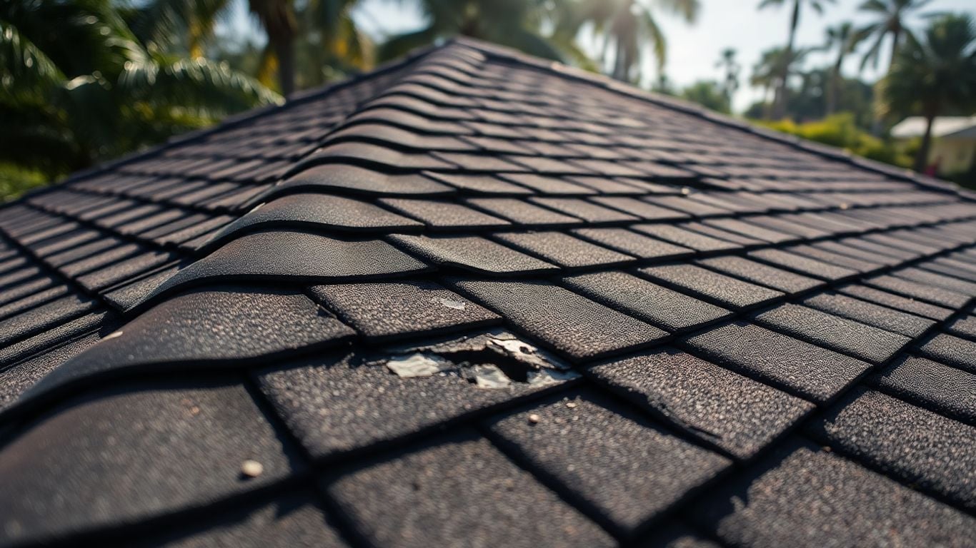 Damaged residential roof in sunny Kissimmee, Florida.
