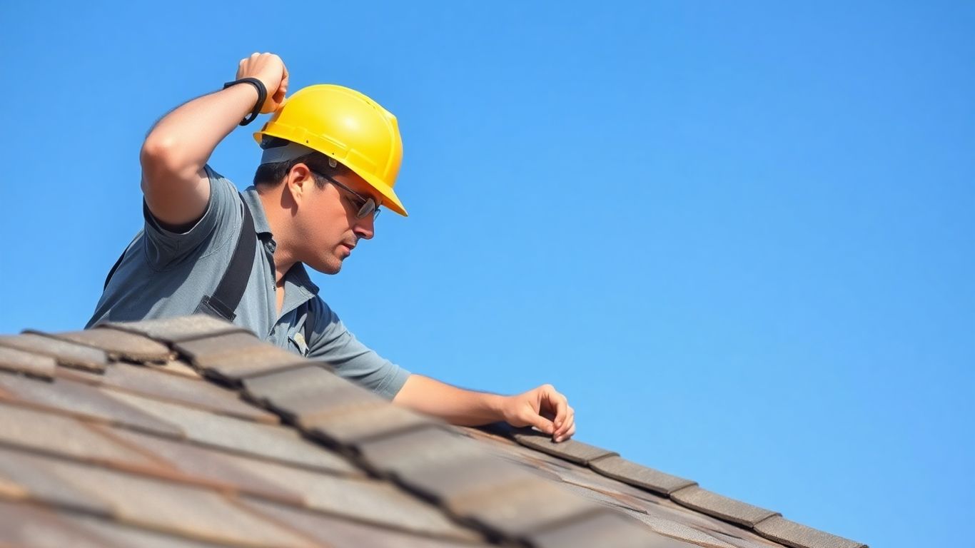 Roofer inspecting a shingled roof on a sunny day.