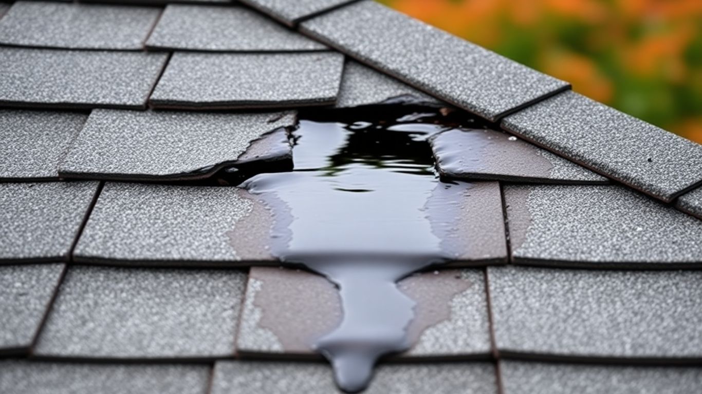 Roof leak with water dripping onto shingles.