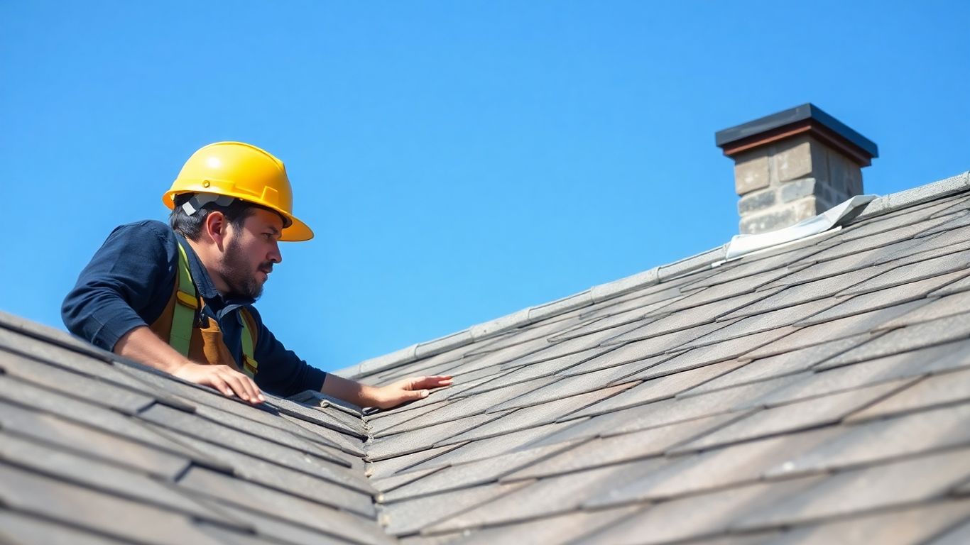 Roofer inspecting a shingled roof on a sunny day.